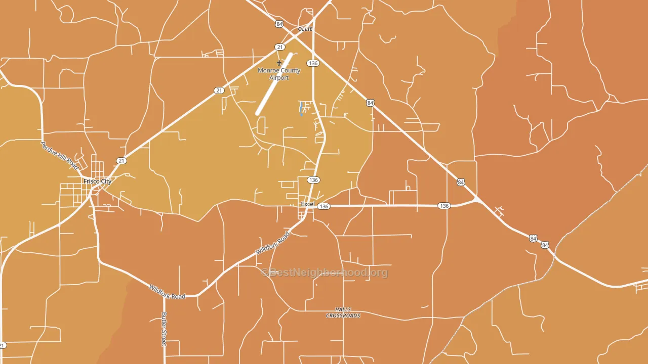 Map of the best neighborhoods in the Excel area, with better matches in green and worse matches in red