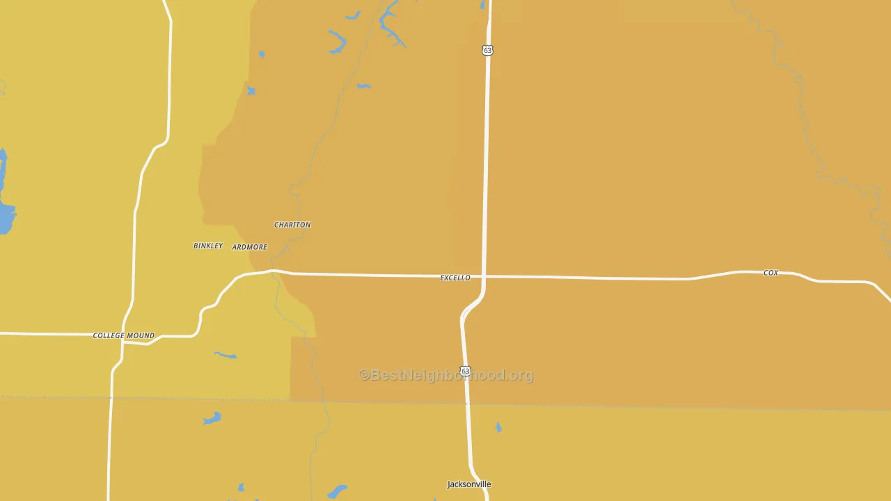Map of the best neighborhoods in the Excello area, with better matches in green and worse matches in red