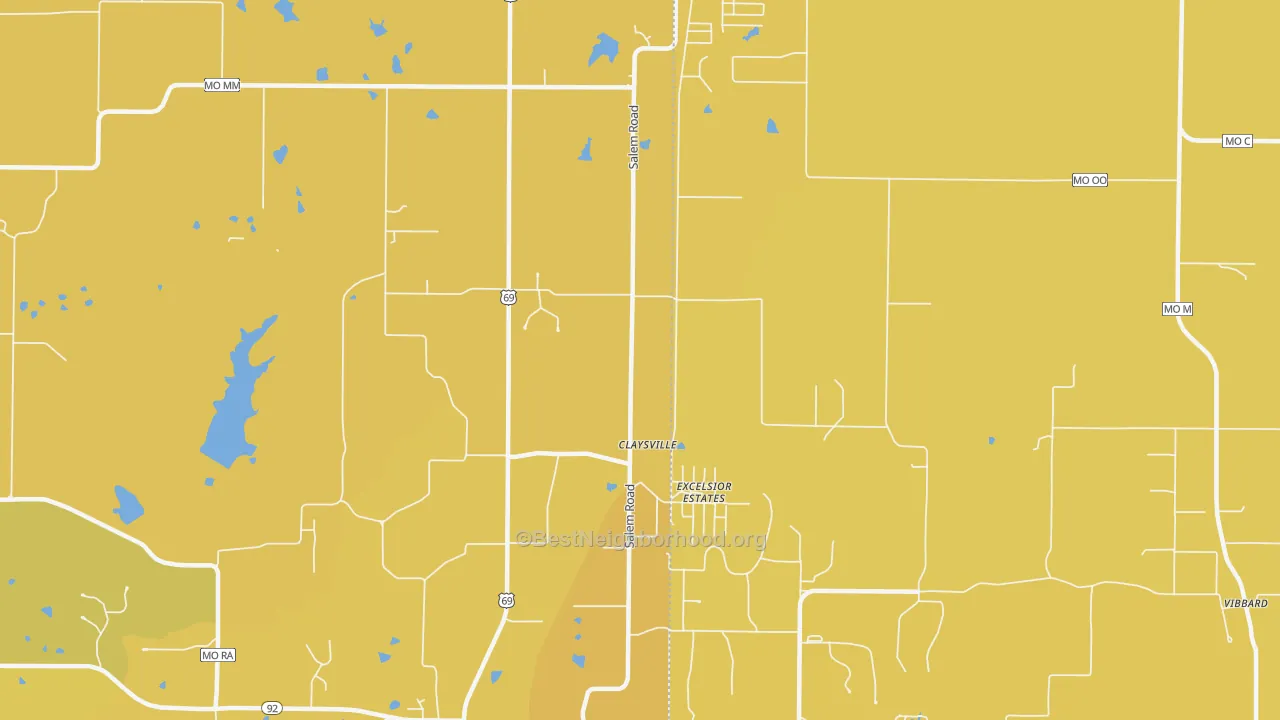 Map of the best neighborhoods in the Excelsior Estates area, with better matches in green and worse matches in red