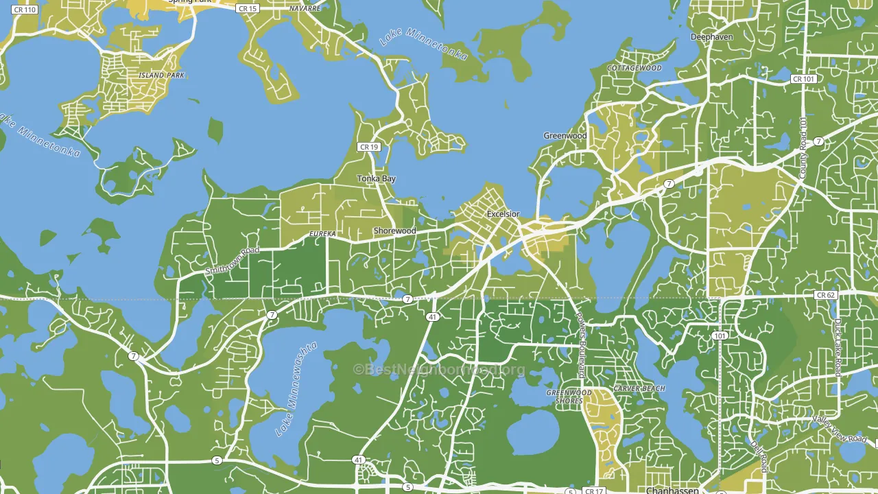 Map of the best neighborhoods in the Excelsior area, with better matches in green and worse matches in red