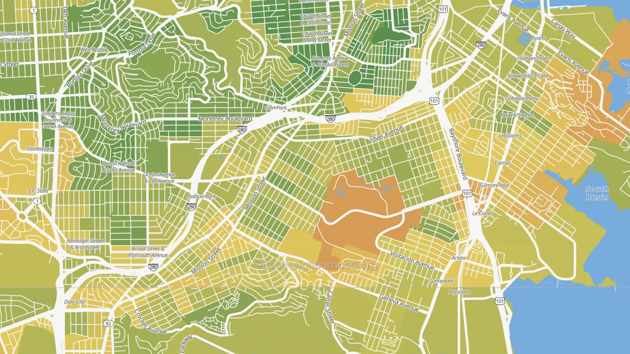 Map of the best neighborhoods in the Excelsior, San Francisco area, with better matches in green and worse matches in red