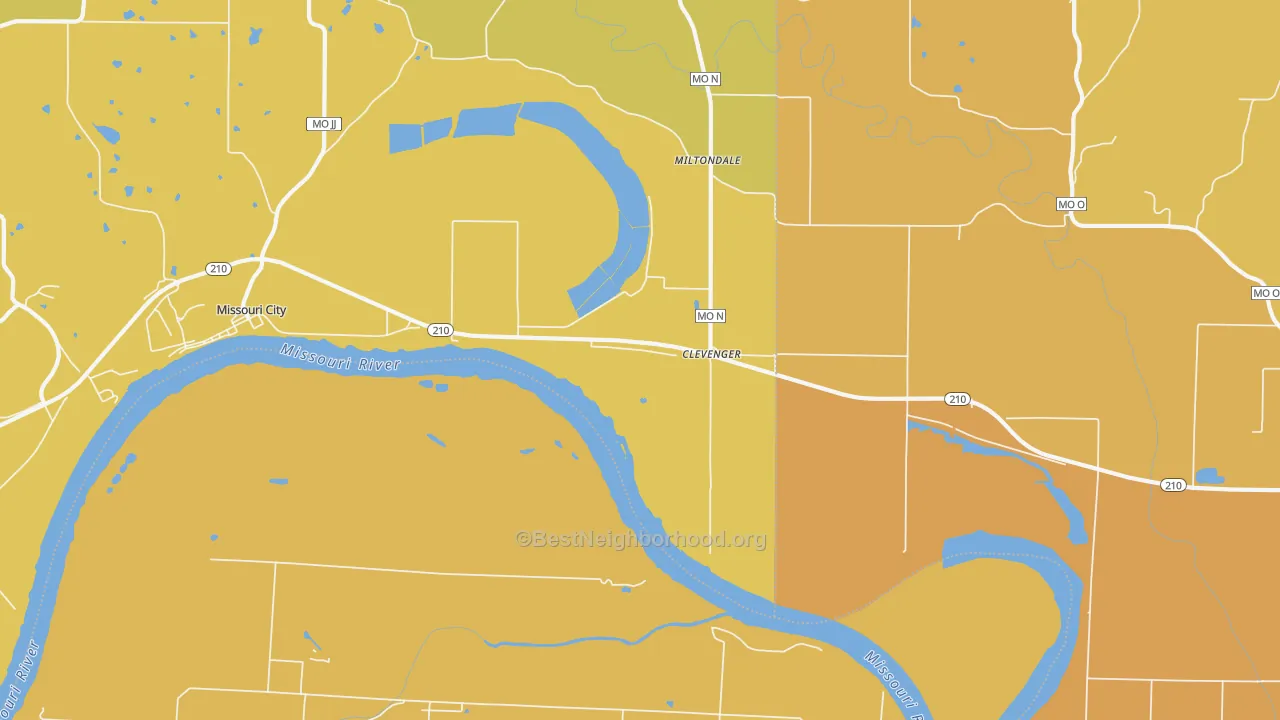 Map of the best neighborhoods in the Excelsior Springs Junction area, with better matches in green and worse matches in red