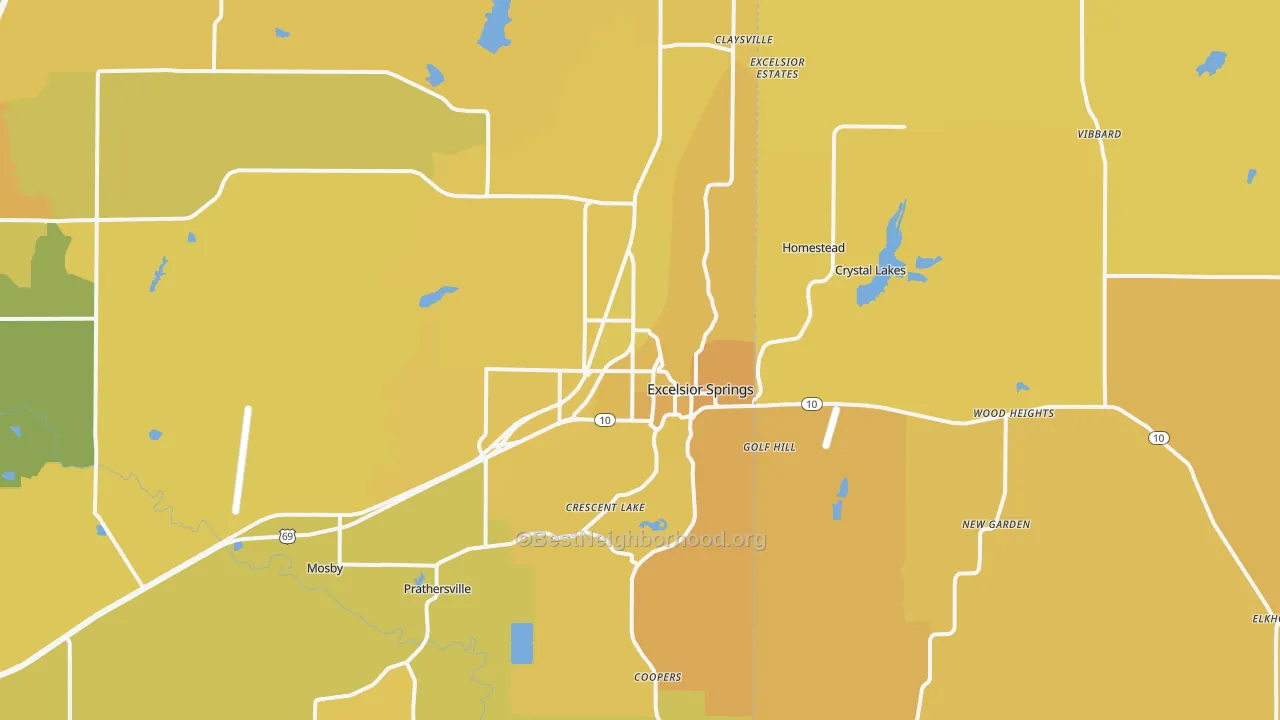 Map of the best neighborhoods in the Excelsior Springs area, with better matches in green and worse matches in red