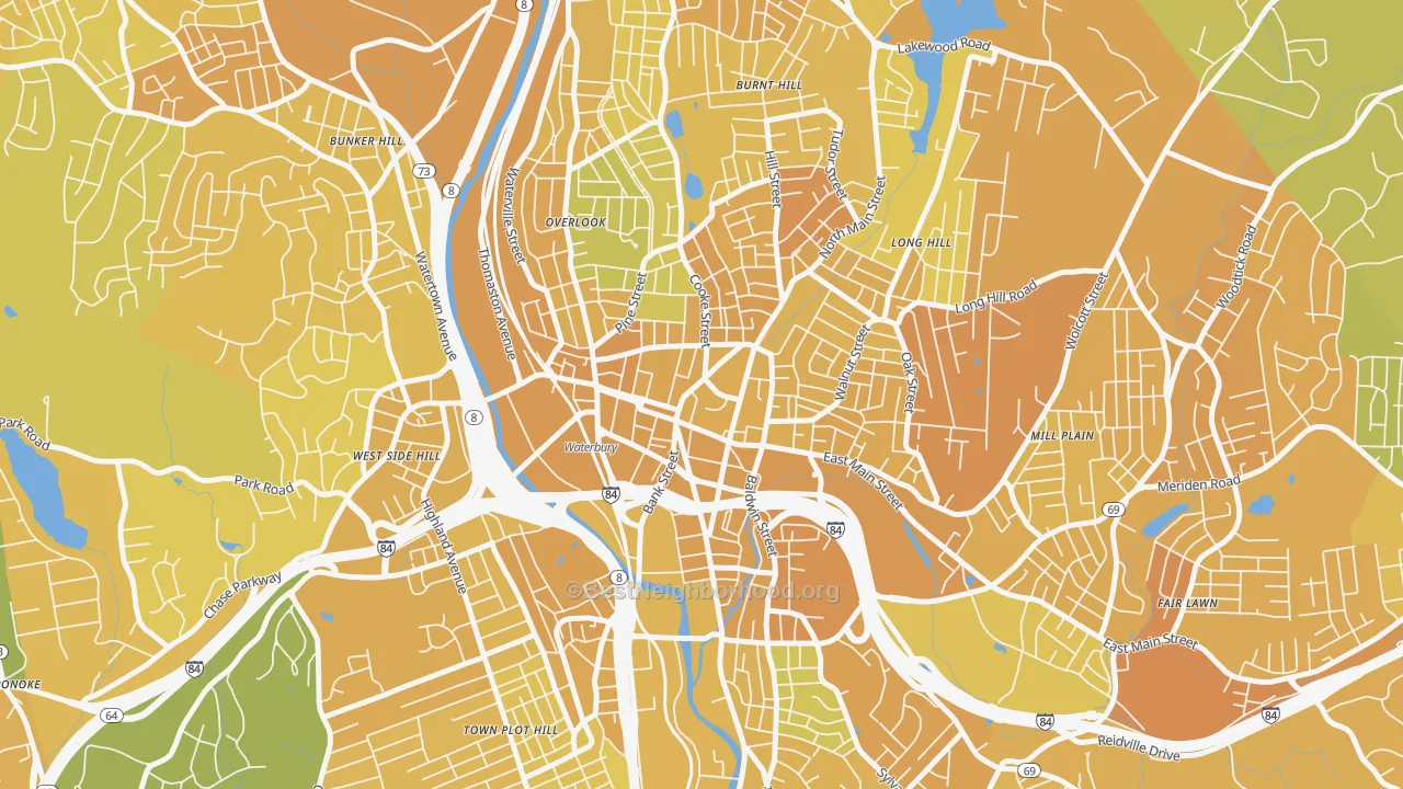 Map of the best neighborhoods in the Exchange Place, Waterbury area, with better matches in green and worse matches in red