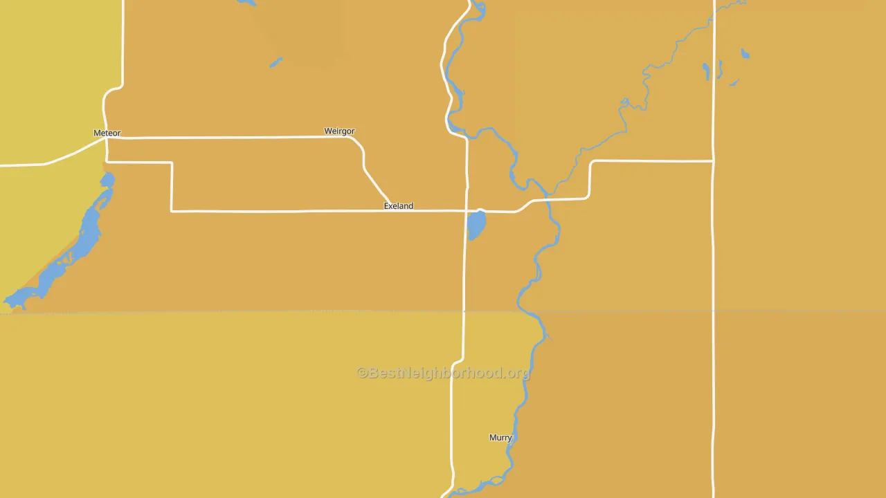 Map of the best neighborhoods in the Exeland area, with better matches in green and worse matches in red
