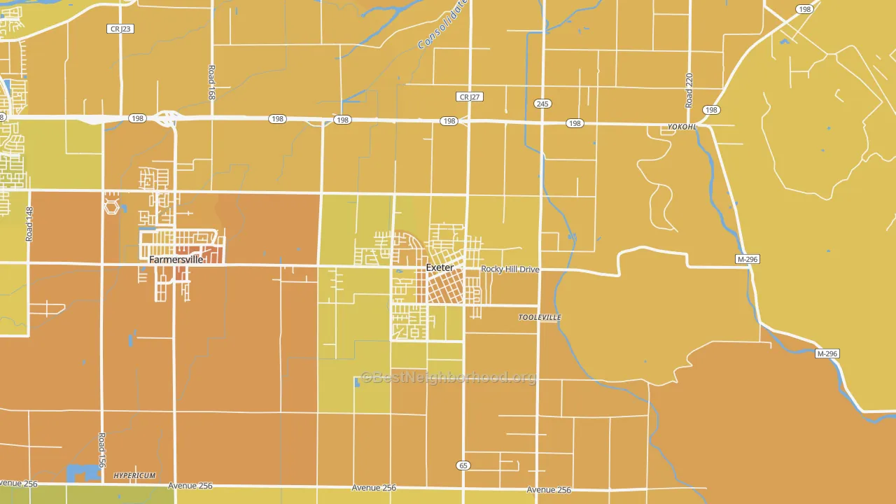 Map of the best neighborhoods in the Exeter area, with better matches in green and worse matches in red