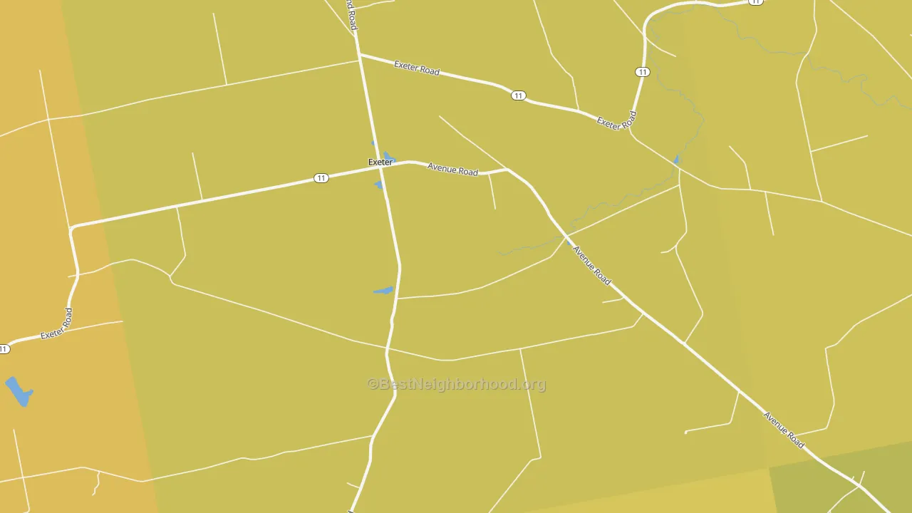 Map of the best neighborhoods in the Exeter area, with better matches in green and worse matches in red