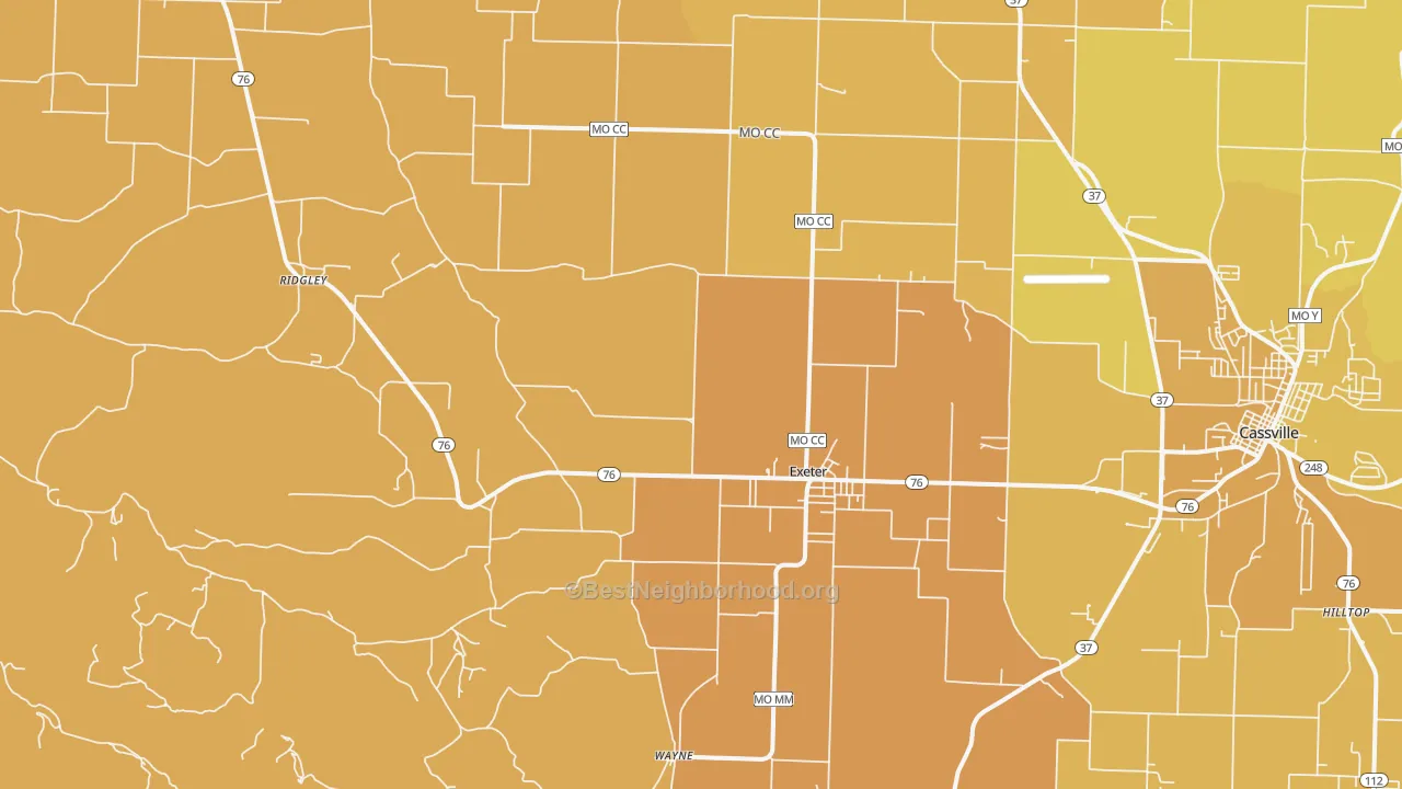 Map of the best neighborhoods in the Exeter area, with better matches in green and worse matches in red