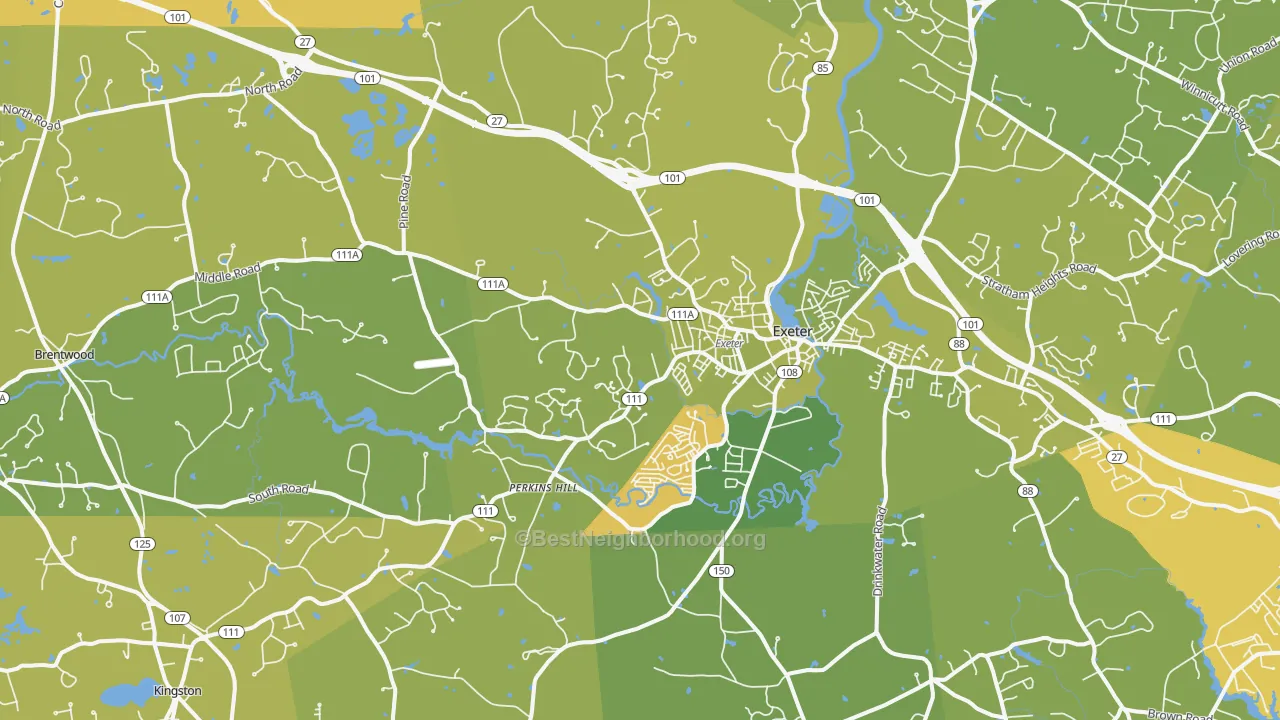 Map of the best neighborhoods in the Exeter area, with better matches in green and worse matches in red