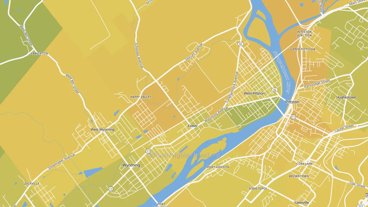 Map of the best neighborhoods in the Exeter area, with better matches in green and worse matches in red