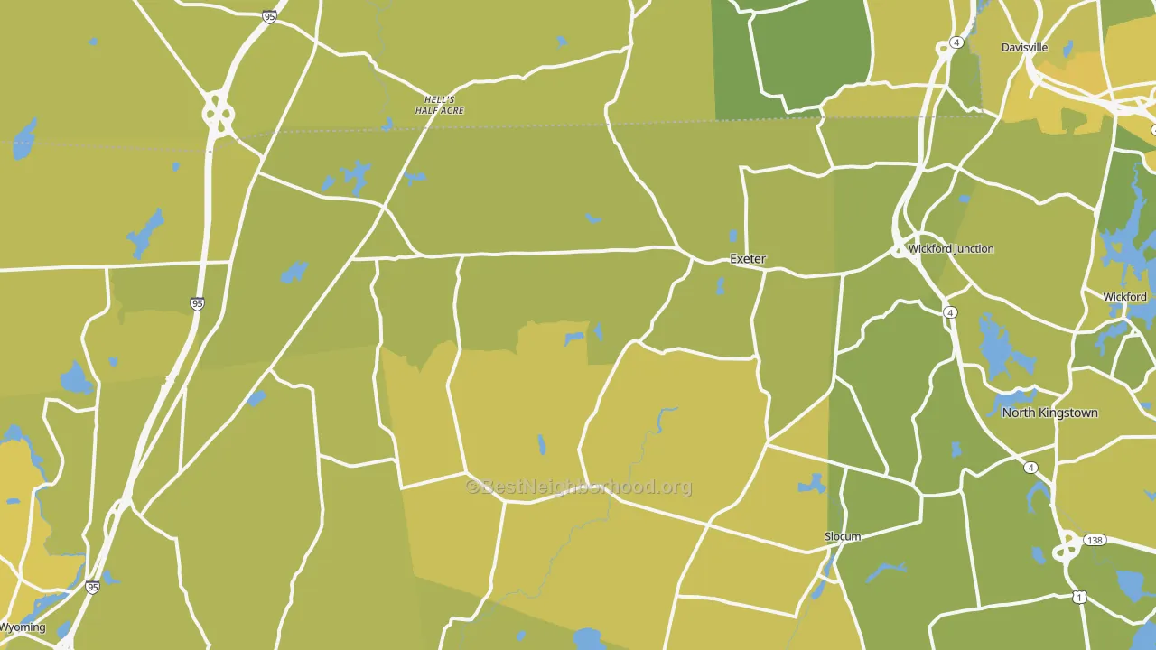Map of the best neighborhoods in the Exeter area, with better matches in green and worse matches in red