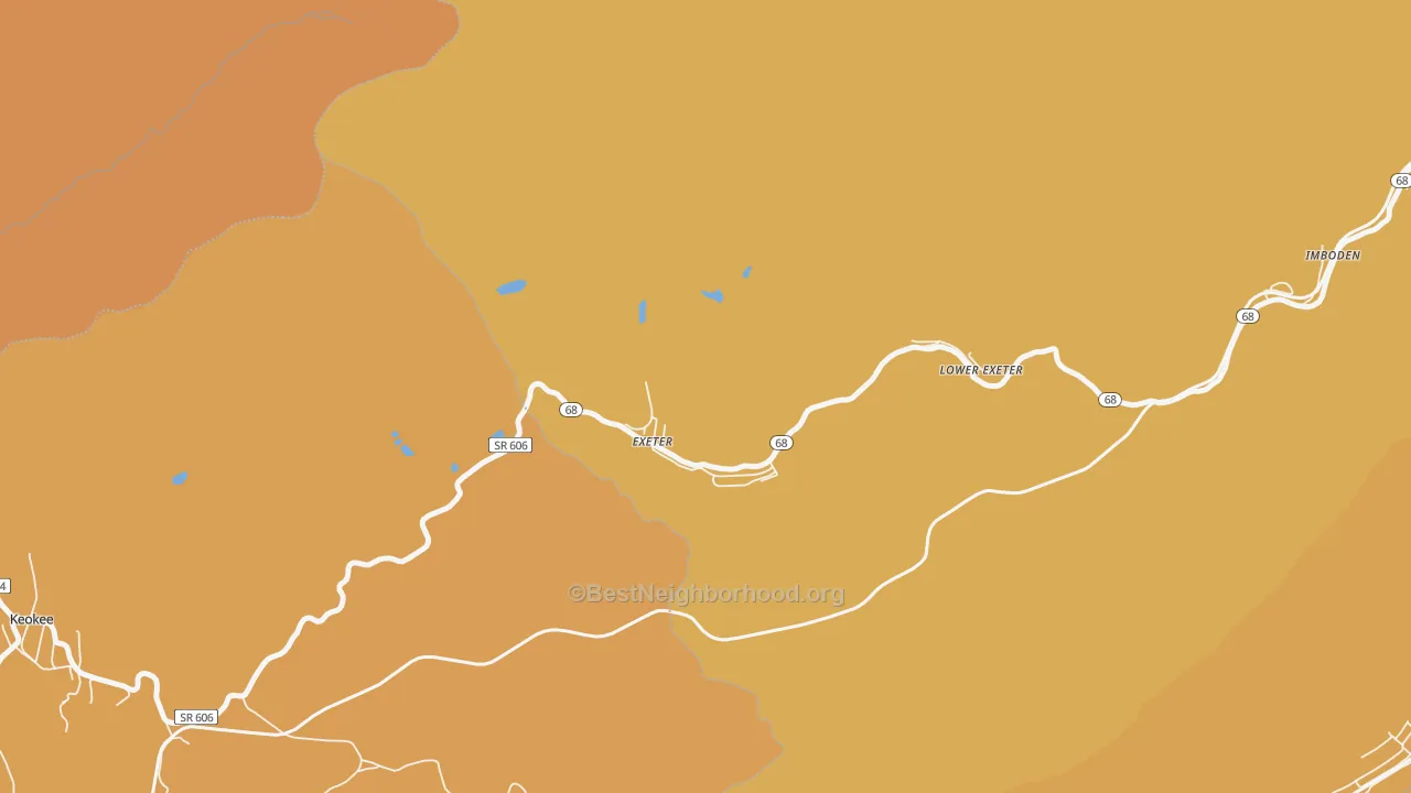 Map of the best neighborhoods in the Exeter area, with better matches in green and worse matches in red