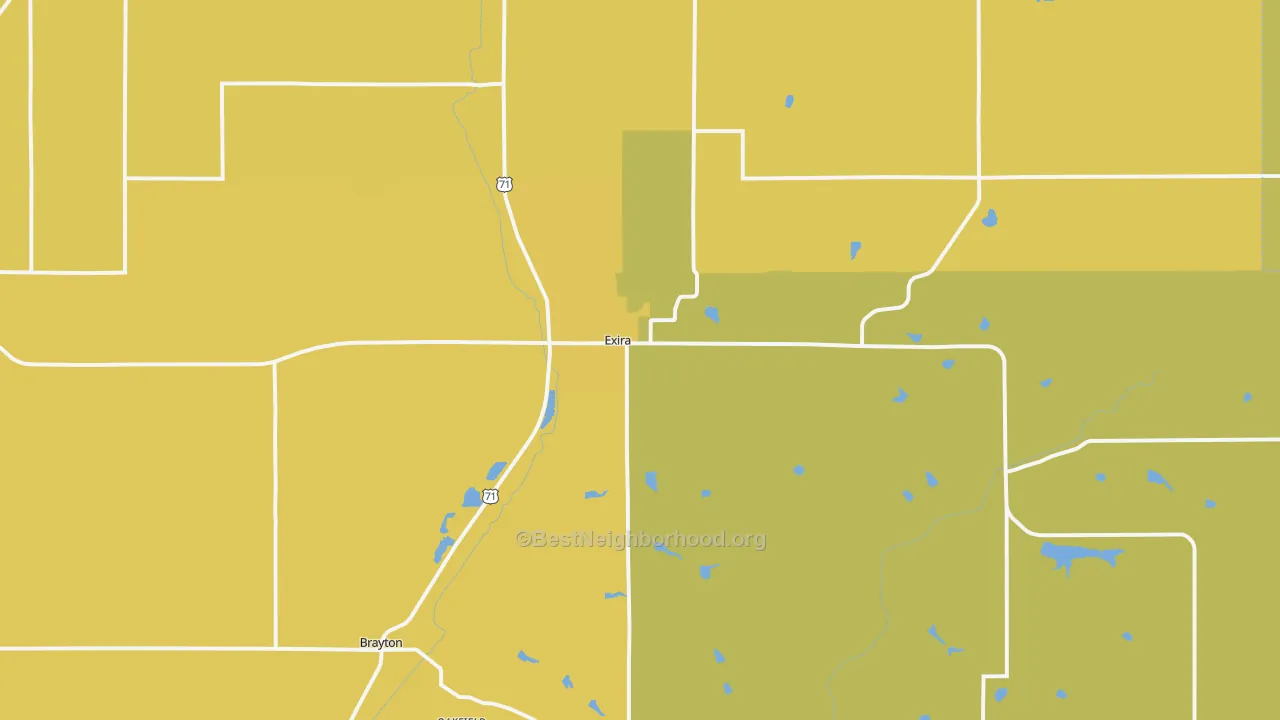 Map of the best neighborhoods in the Exira area, with better matches in green and worse matches in red