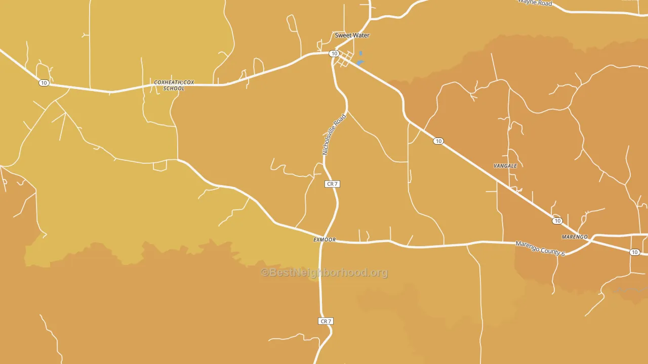 Map of the best neighborhoods in the Exmoor area, with better matches in green and worse matches in red