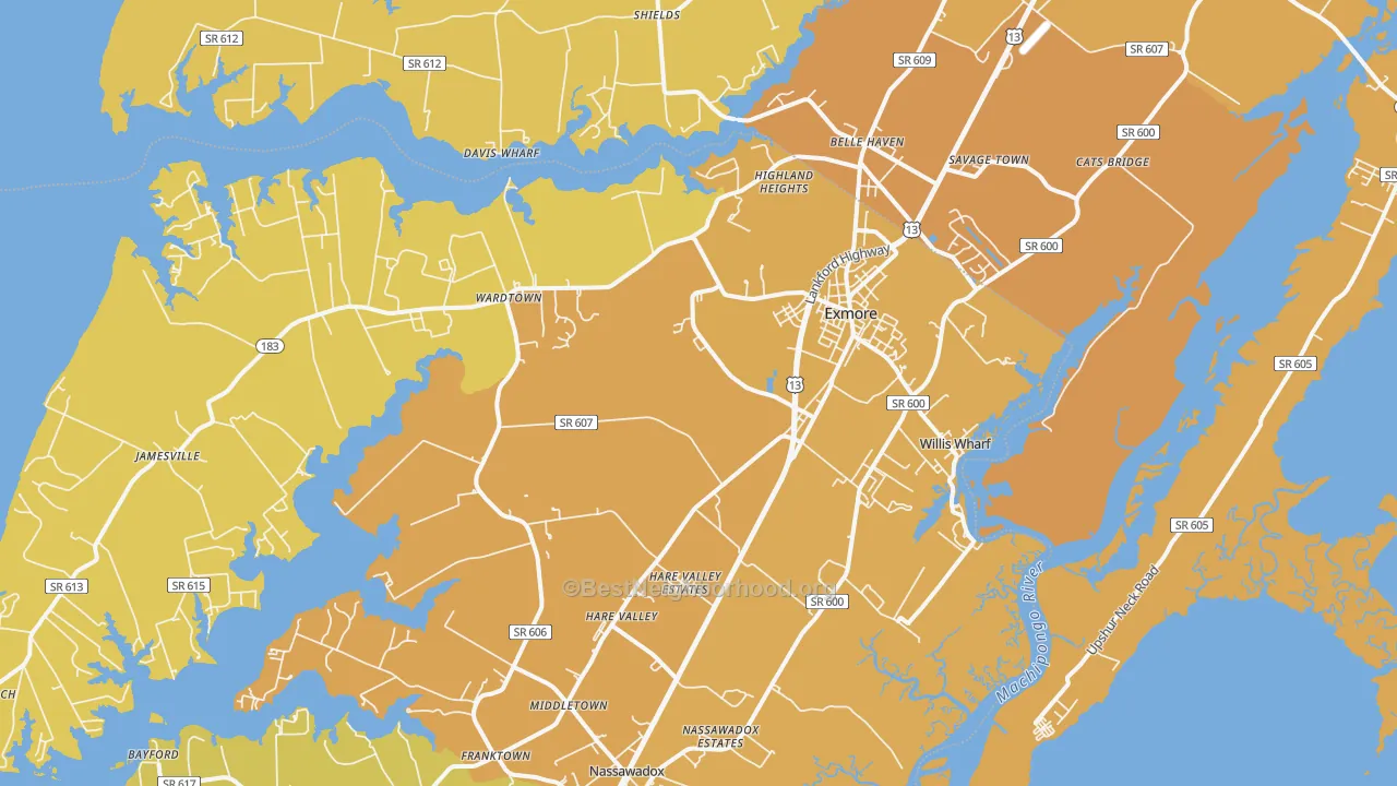 Map of the best neighborhoods in the Exmore area, with better matches in green and worse matches in red