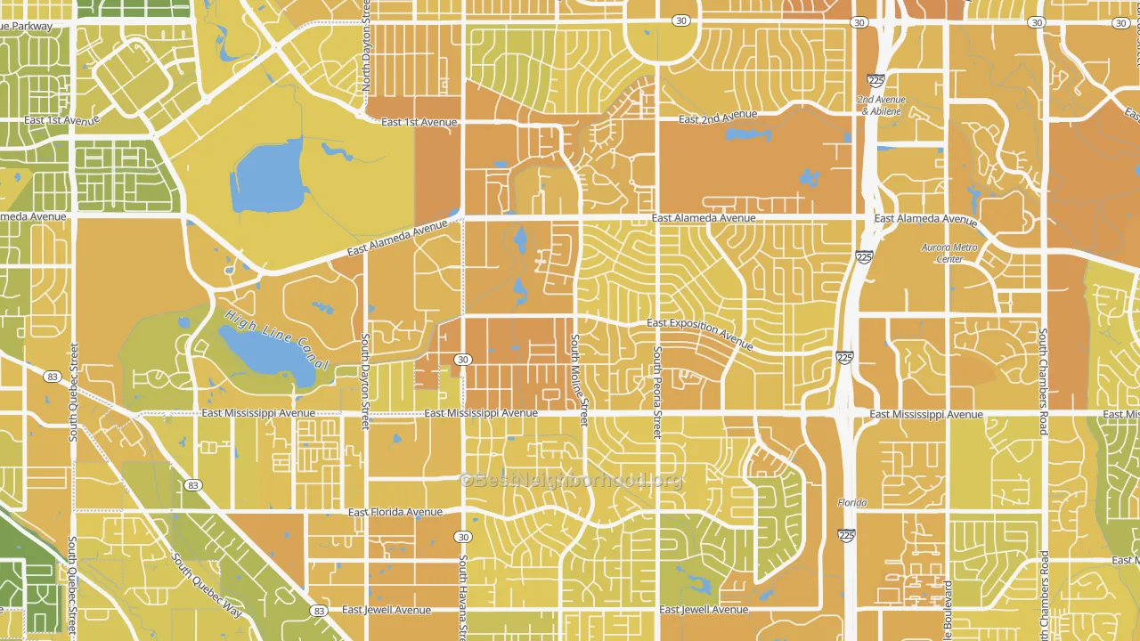 Map of the best neighborhoods in the Expo Park, Aurora area, with better matches in green and worse matches in red