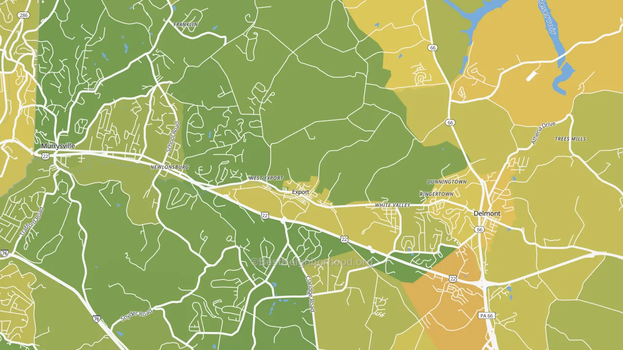 Map of the best neighborhoods in the Export area, with better matches in green and worse matches in red