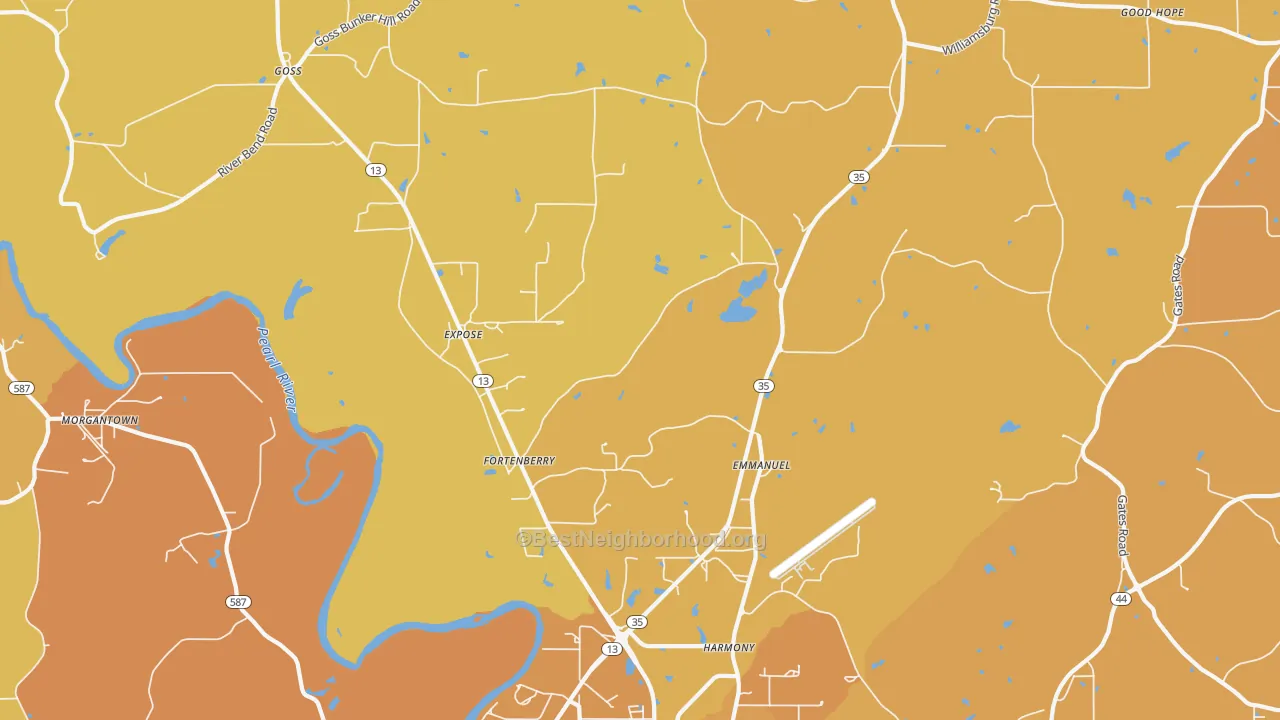 Map of the best neighborhoods in the Expose area, with better matches in green and worse matches in red