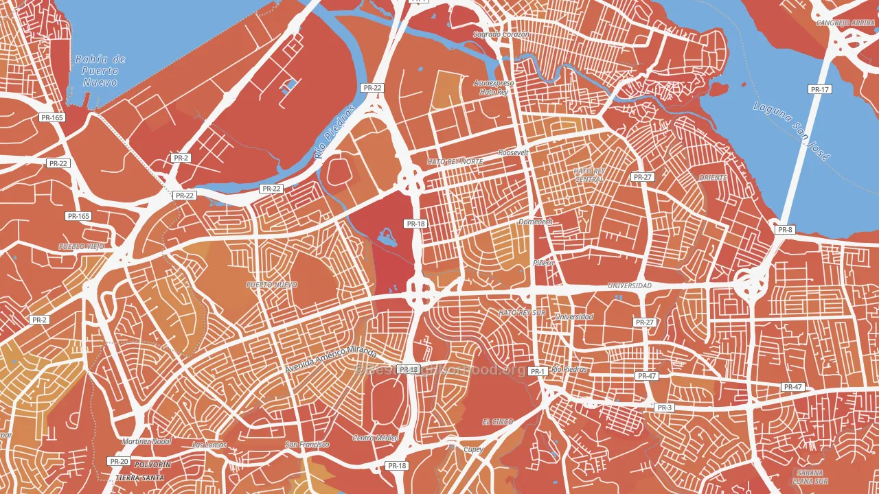 Map of the best neighborhoods in the Extencion Roosevelt, San Juan area, with better matches in green and worse matches in red