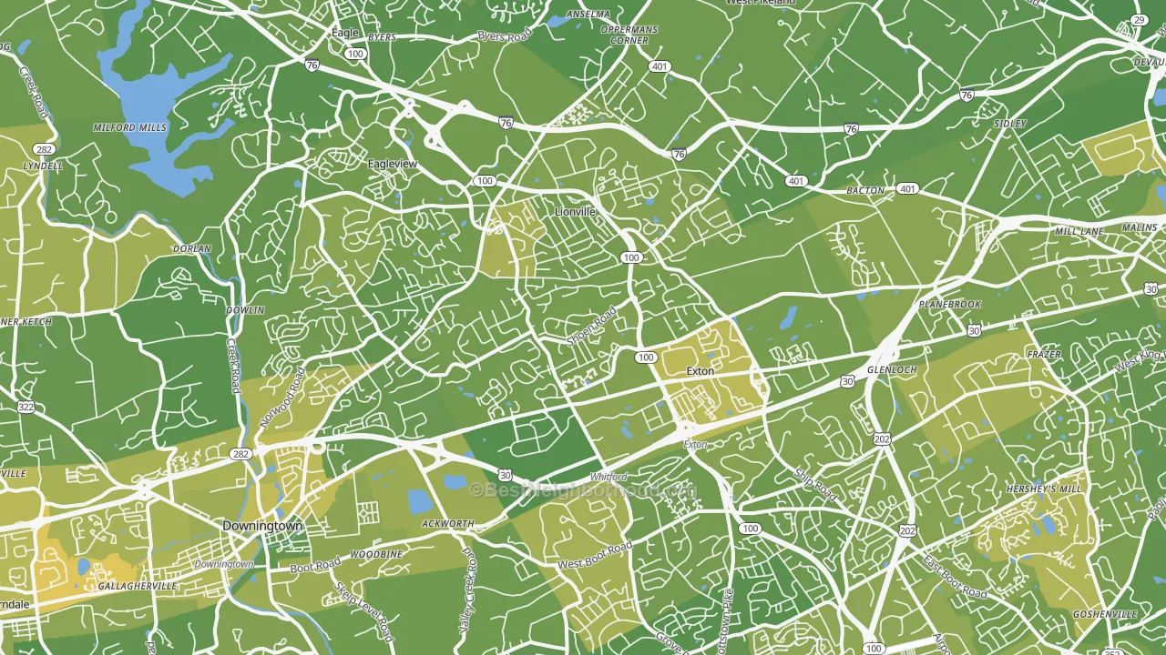 Map of the best neighborhoods in the Exton area, with better matches in green and worse matches in red
