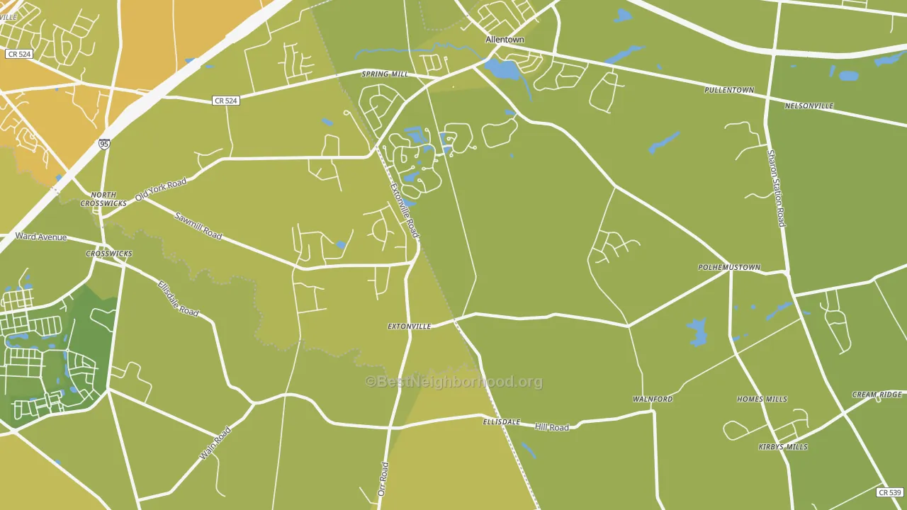 Map of the best neighborhoods in the Extonville area, with better matches in green and worse matches in red