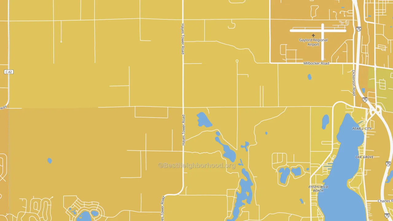 Map of the best neighborhoods in the Eyedylwild Beach area, with better matches in green and worse matches in red