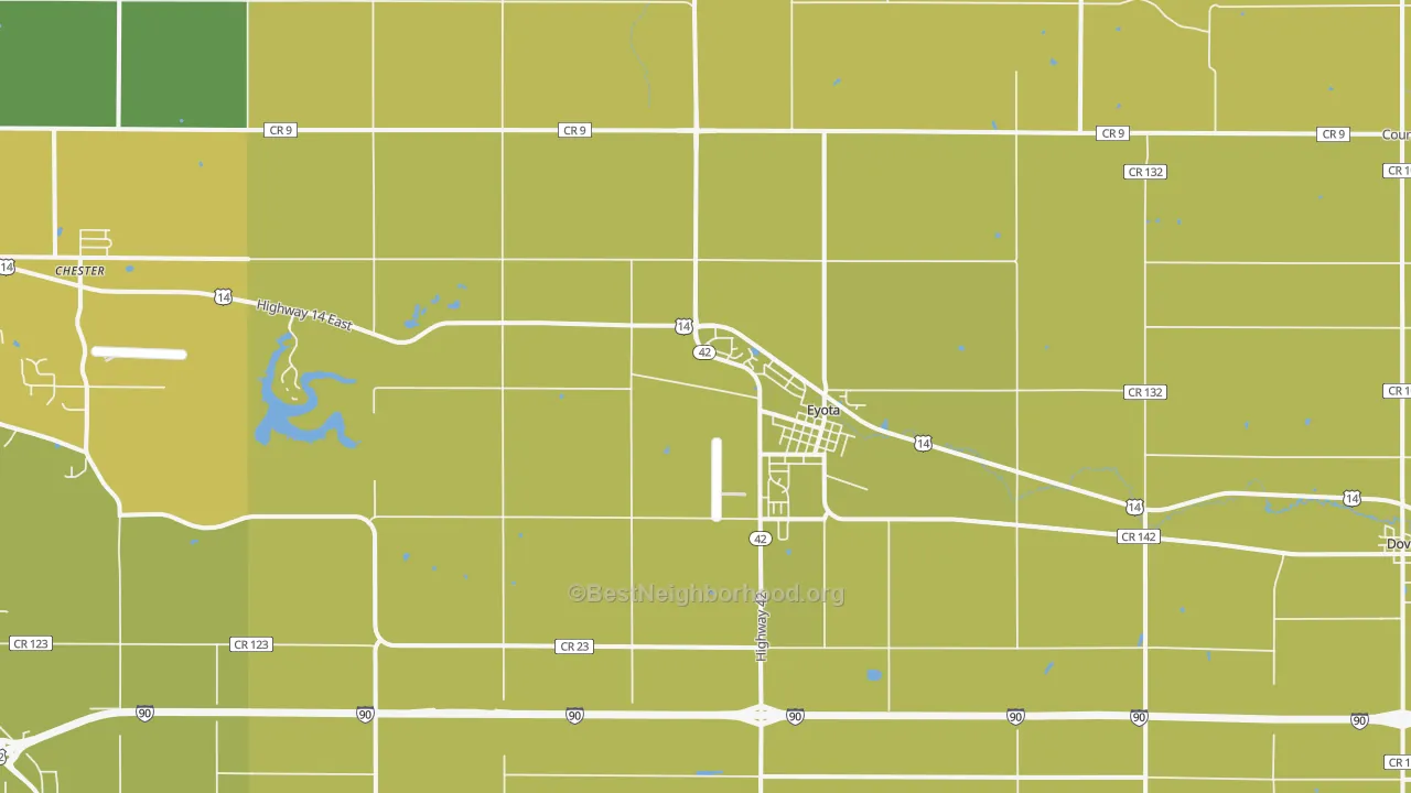 Map of the best neighborhoods in the Eyota area, with better matches in green and worse matches in red