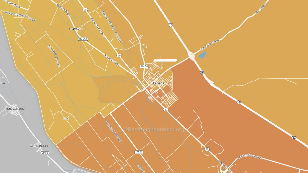 Map of the best neighborhoods in the Fabens area, with better matches in green and worse matches in red
