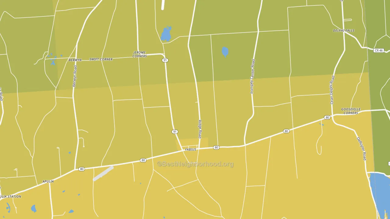 Map of the best neighborhoods in the Fabius area, with better matches in green and worse matches in red
