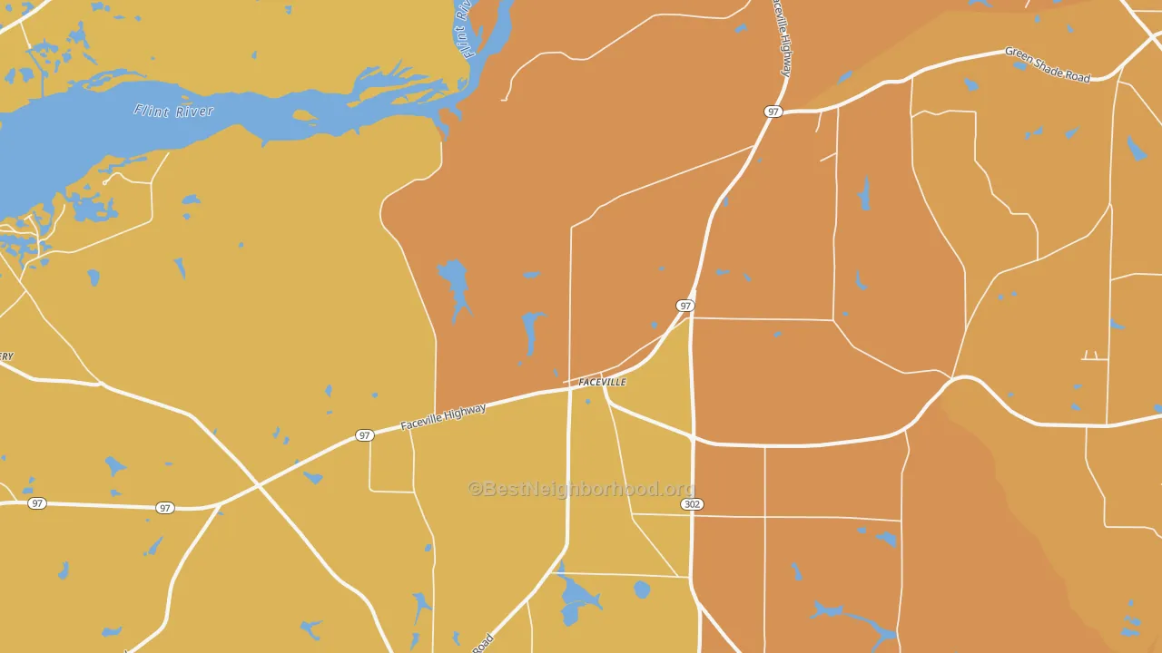 Map of the best neighborhoods in the Faceville area, with better matches in green and worse matches in red