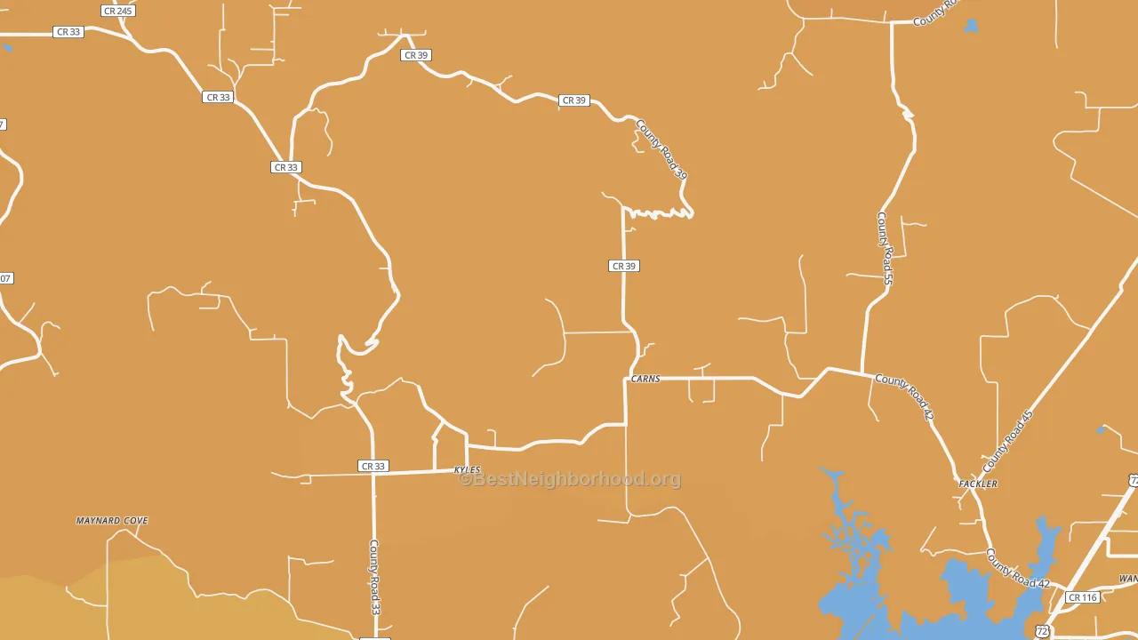 Map of the best neighborhoods in the Fackler area, with better matches in green and worse matches in red