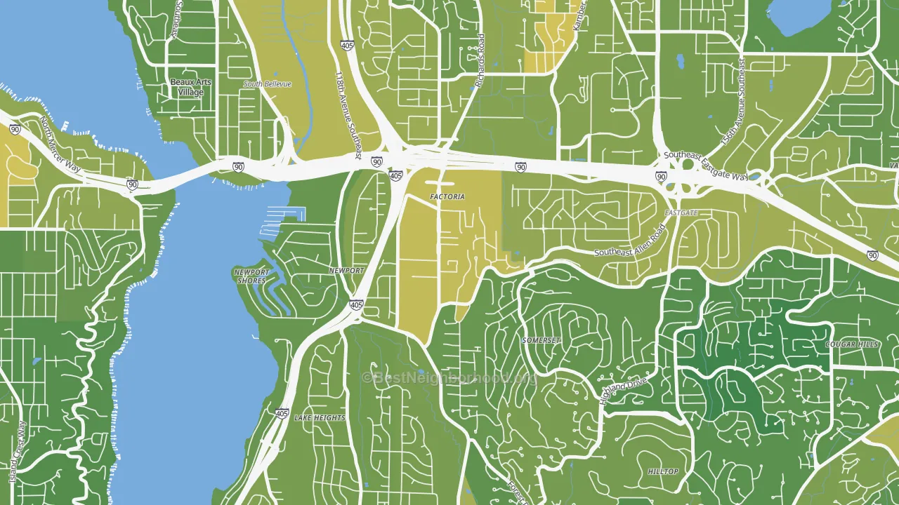 Map of the best neighborhoods in the Factoria, Bellevue area, with better matches in green and worse matches in red