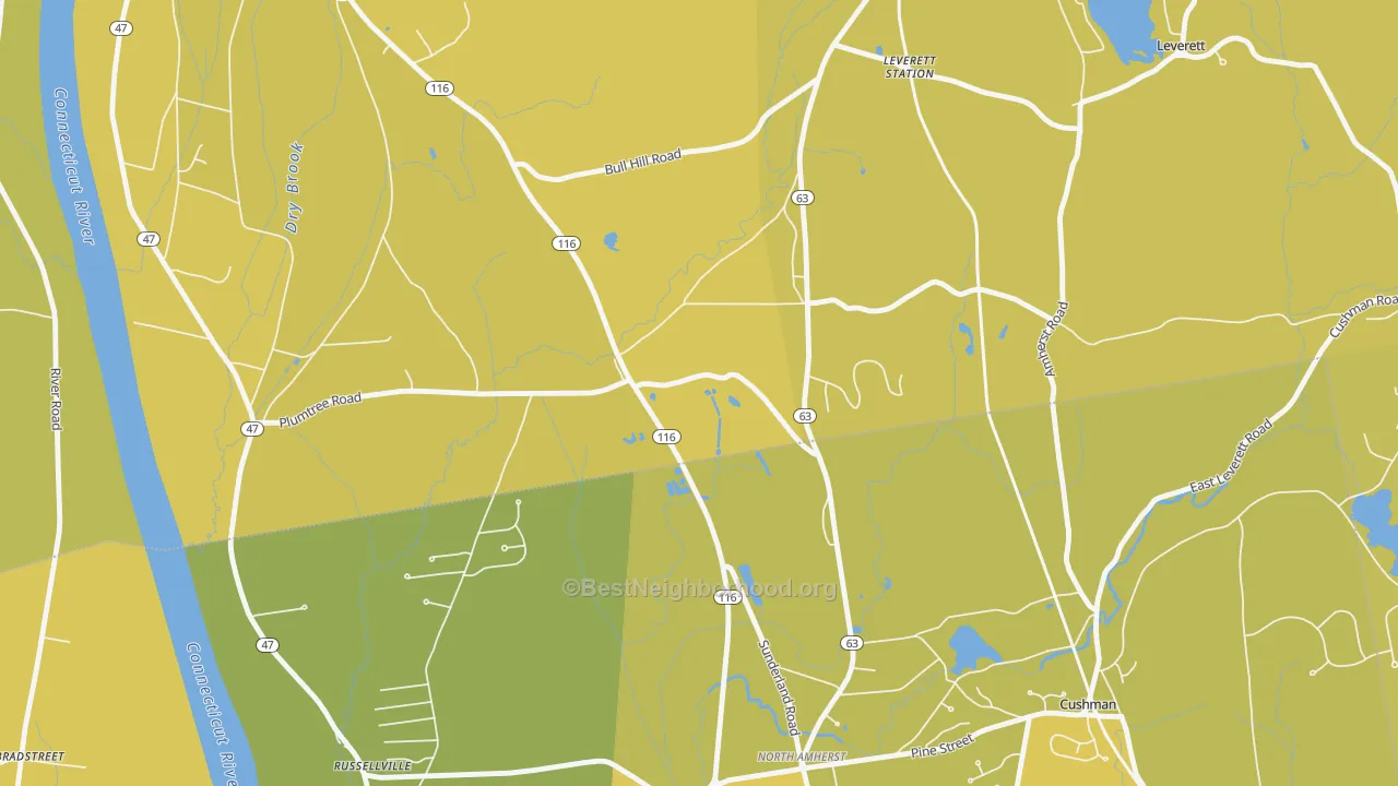 Map of the best neighborhoods in the Factory Hollow area, with better matches in green and worse matches in red