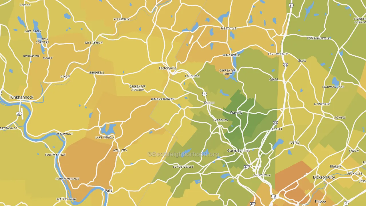 Map of the best neighborhoods in the Factoryville area, with better matches in green and worse matches in red