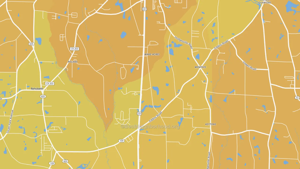 Map of the best neighborhoods in the Fadette area, with better matches in green and worse matches in red