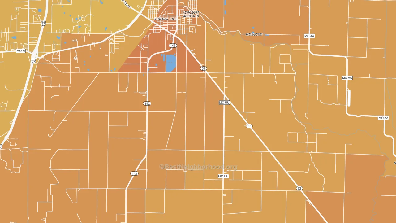 Map of the best neighborhoods in the Fagus area, with better matches in green and worse matches in red