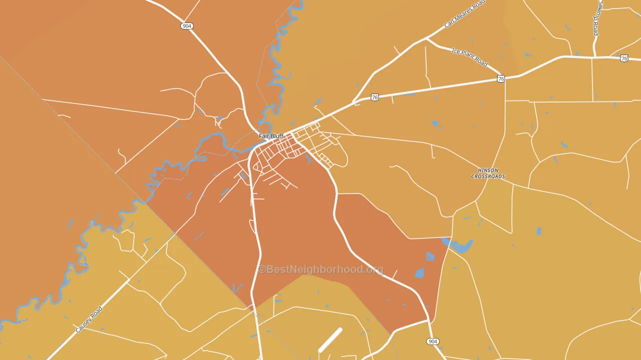 Map of the best neighborhoods in the Fair Bluff area, with better matches in green and worse matches in red