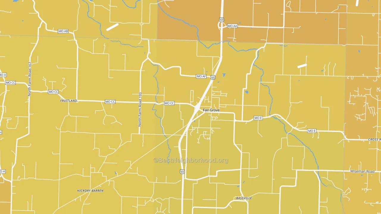 Map of the best neighborhoods in the Fair Grove area, with better matches in green and worse matches in red