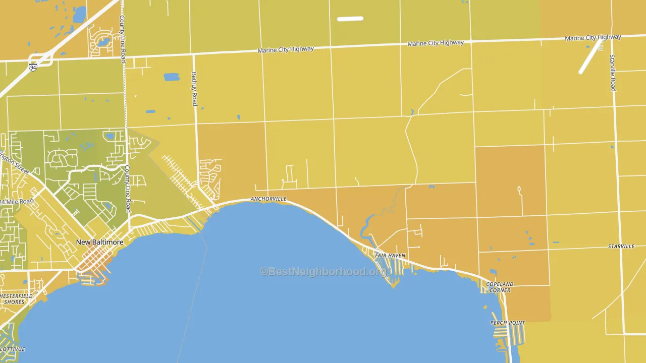 Map of the best neighborhoods in the Fair Haven area, with better matches in green and worse matches in red
