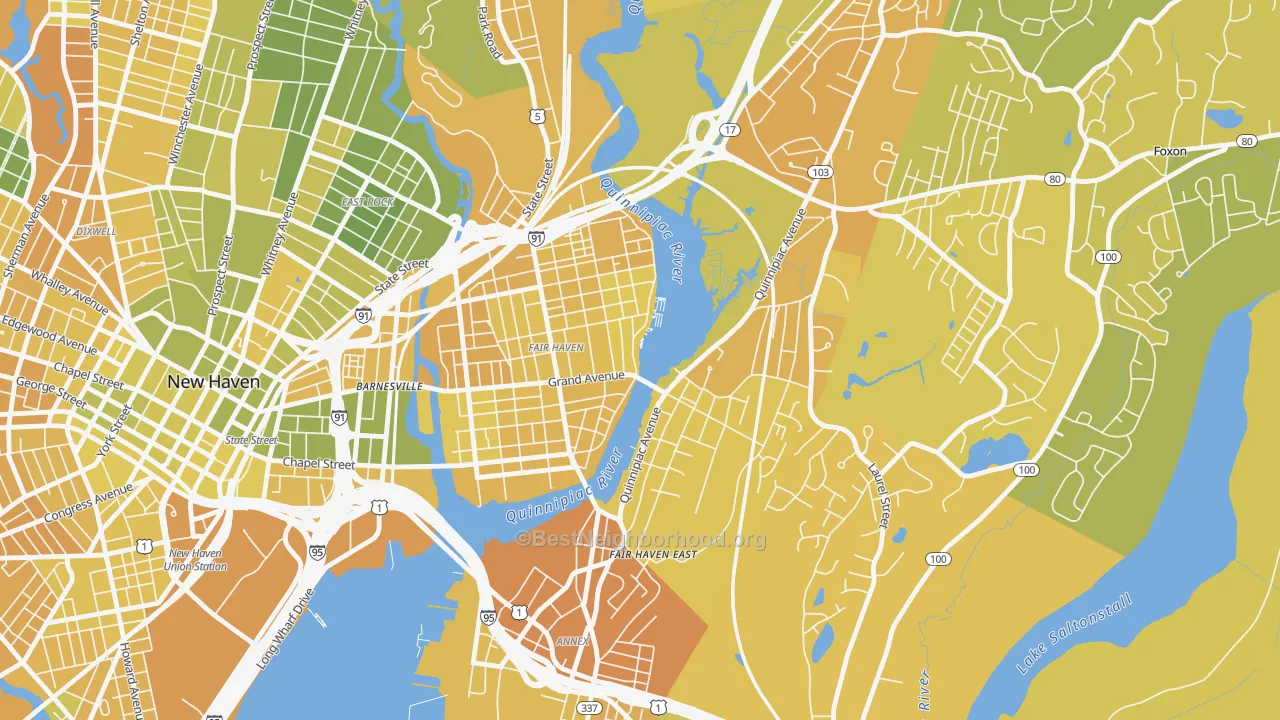 Map of the best neighborhoods in the Fair Haven, New Haven area, with better matches in green and worse matches in red