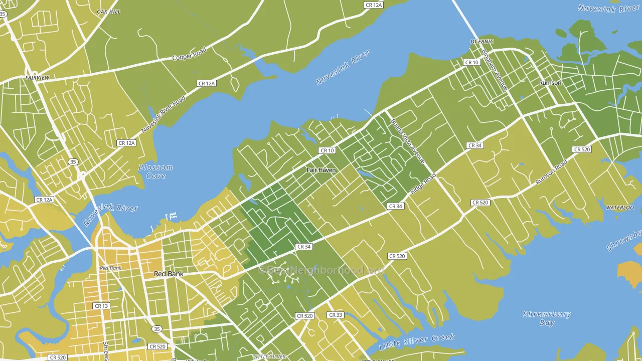 Map of the best neighborhoods in the Fair Haven area, with better matches in green and worse matches in red