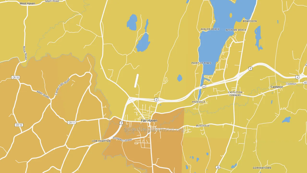 Map of the best neighborhoods in the Fair Haven area, with better matches in green and worse matches in red