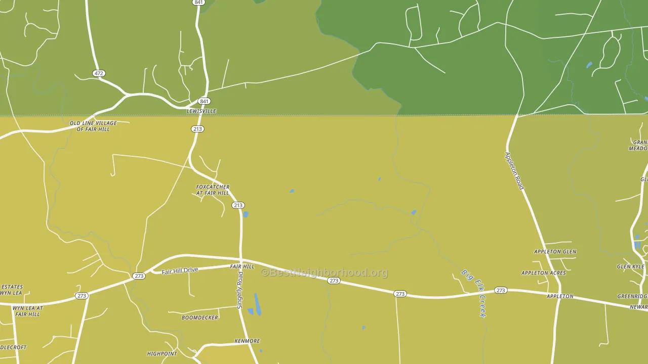 Map of the best neighborhoods in the Fair Hill area, with better matches in green and worse matches in red