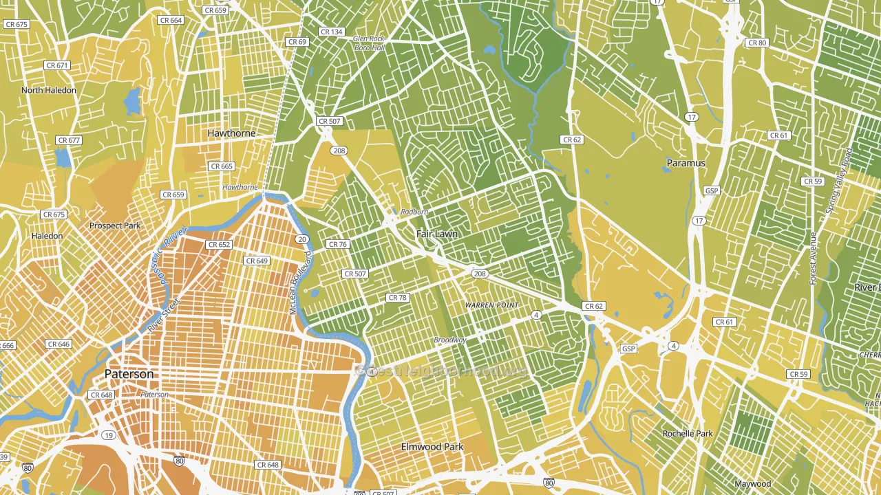 Map of the best neighborhoods in the Fair Lawn area, with better matches in green and worse matches in red