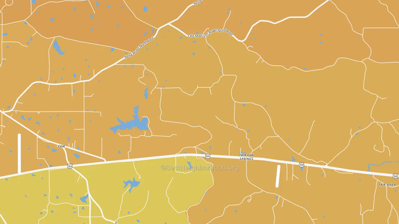 Map of the best neighborhoods in the Fair Oak Springs area, with better matches in green and worse matches in red