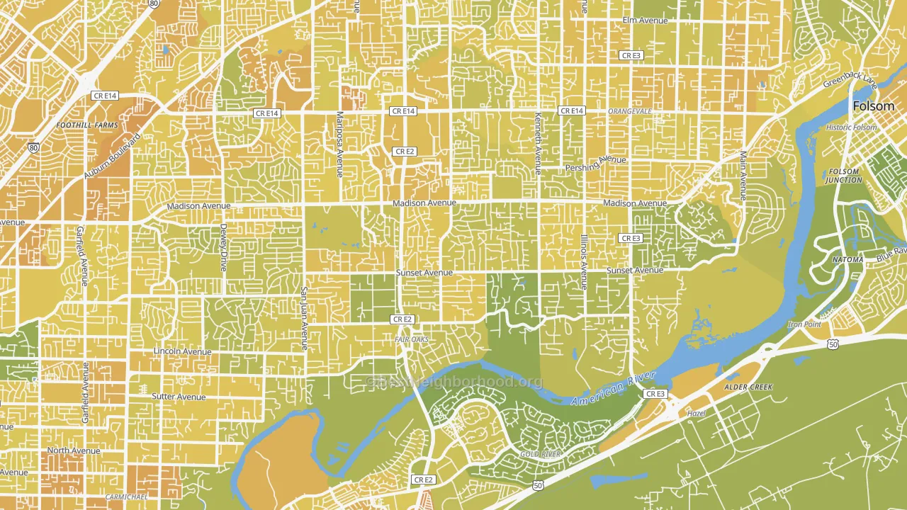 Map of the best neighborhoods in the Fair Oaks area, with better matches in green and worse matches in red