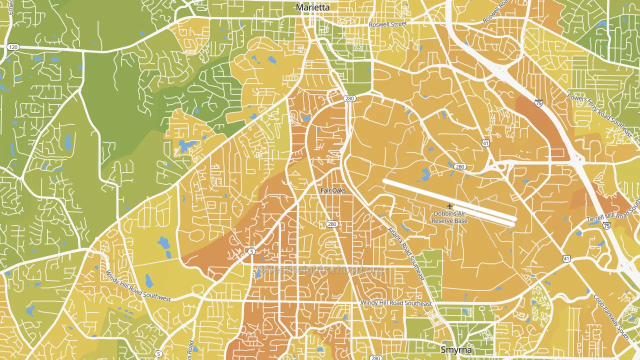 Map of the best neighborhoods in the Fair Oaks area, with better matches in green and worse matches in red