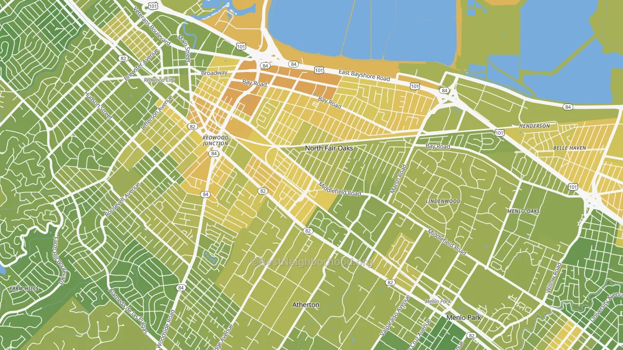 Map of the best neighborhoods in the Fair Oaks, North Fair Oaks area, with better matches in green and worse matches in red