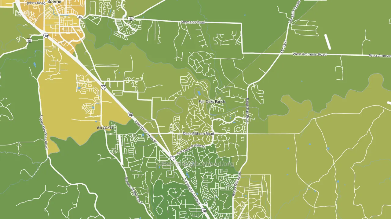 Map of the best neighborhoods in the Fair Oaks Ranch area, with better matches in green and worse matches in red