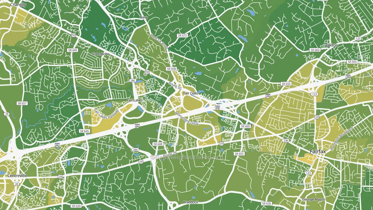 Map of the best neighborhoods in the Fair Oaks area, with better matches in green and worse matches in red